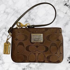 Coach Poppy Brown Signature Jacquard Wristlet Zip Pouch Clutch Gold Hardware